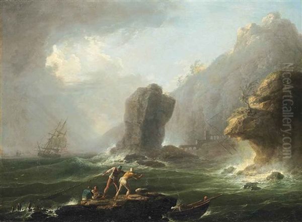 A Stormy Coastal Landscape With Fishermen Pulling In Their Nets Oil Painting by Francesco Fidanza