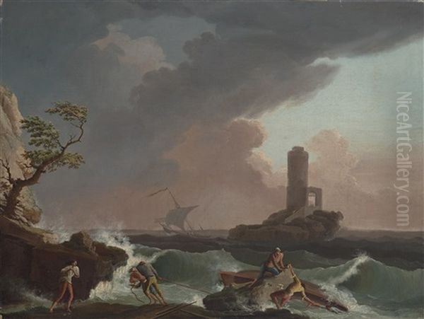 Sturmische Kustenlandschaft Mit Schiffswrack Und Einem Leuchtturm Oil Painting by Francesco Fidanza