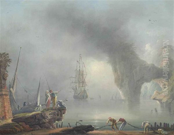 A Mediterranean Coastal Landscape With Fishermen Pulling In Their Nets, A Man-o-war Beyond Oil Painting by Francesco Fidanza