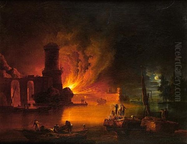 A Capriccio Of A Moonlit Mediterranean Harbor With A Coastal Tower And Figures On A Quayside Watching A Town Fire Oil Painting by Francesco Fidanza