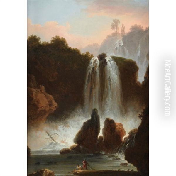 Paysage De Cascades En Italie Anime De Personnages; (+ Vue D'un Temple De Vesta; Pair) Oil Painting by Francesco Fidanza