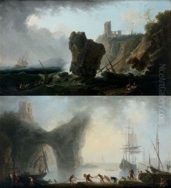 Les Pecheurs Ramenant Les Filets Au Coucher Du Soleil (+ Les Pecheurs Sur Une Mer Agitee Pres Des Cotes Rocheuses; Pair) Oil Painting by Francesco Fidanza