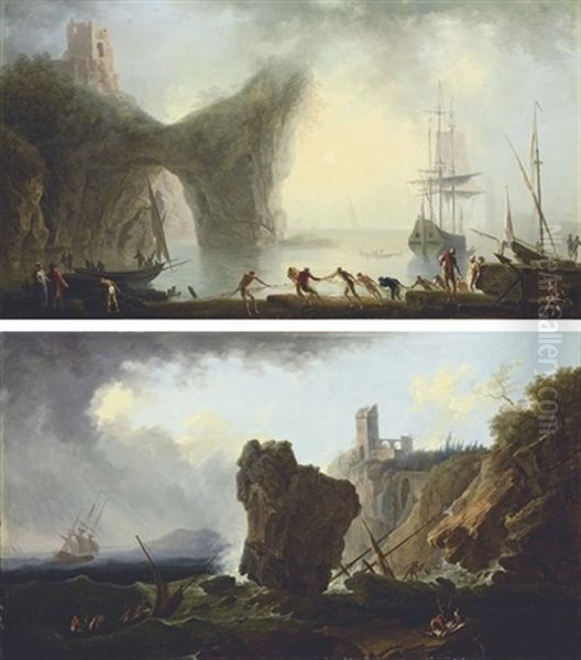 A Coastal Landscape With A Natural Arch And Fishermen Drawing In Their Nets (+ A Stormy Coastal Landscape With A Shipwreck; Pair) Oil Painting by Francesco Fidanza