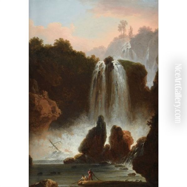 Paysage De Cascades En Italie Anime De Personnages (+ Vue D'un Temple De Vesta; Pair) Oil Painting by Francesco Fidanza