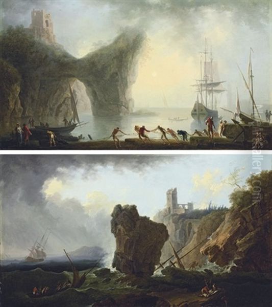 A Coastal Landscape (+ A Stormy Coastal Landscape; Pair) Oil Painting by Francesco Fidanza