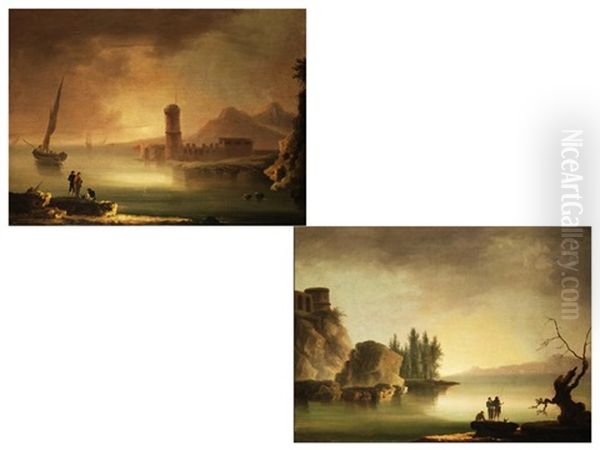 Meeresbucht Mit Turm Und Antiken Mauern Und Blick In Eine Meeresbucht (diptych) Oil Painting by Francesco Fidanza