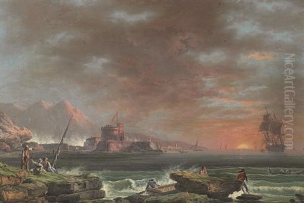 A Coastal Scene At Sunset With A Fort Beyond Oil Painting by Francesco Fidanza