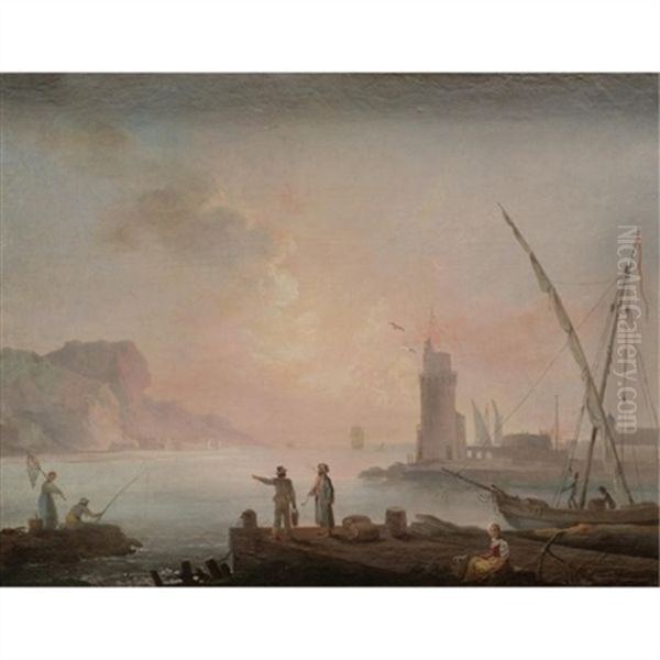 A Harbour Scene At Sunset With Fishermen And Other Figures In The Foreground Oil Painting by Francesco Fidanza