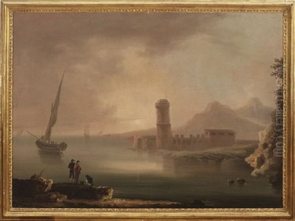 Havnescenerier Med Personer Og Arkitektur, I Forgrunden Fiskere Staende Pa Klipper, I Baggrunden Rosafarvet Himmel Og Nedgaende Sol (pair) Oil Painting by Francesco Fidanza