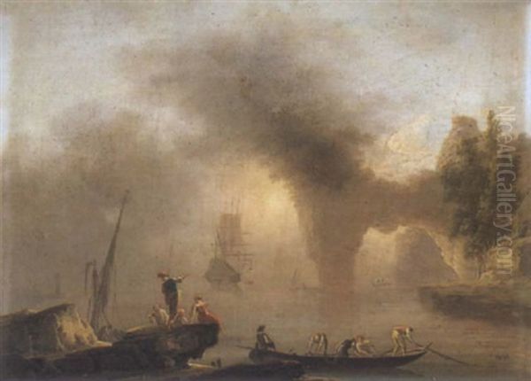 Marina Con Pescatori In Barca E Vascelli Oil Painting by Francesco Fidanza