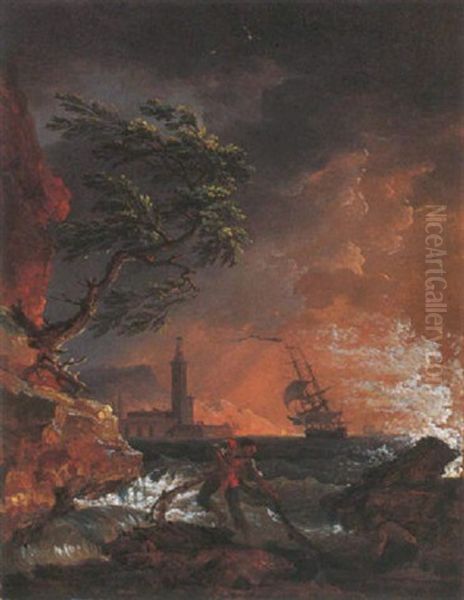 Mare In Tempesta Con Pescatori Sulla Riva Oil Painting by Francesco Fidanza