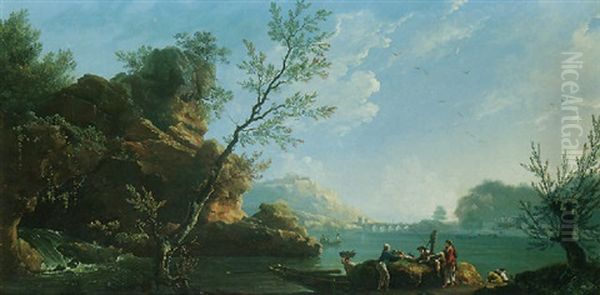 A Rocky River Landscape With Fisherman Unloading Their Catch, An Aqueduct In The Distance Oil Painting by Francesco Fidanza