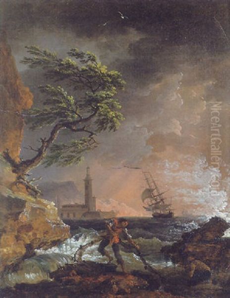 Costa Mediterranea In Tempesta Con Due Pescatori Oil Painting by Francesco Fidanza