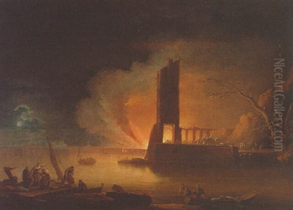 Travellers Fleeing From An Explosion In A Port, Fishermen In Foreground Oil Painting by Francesco Fidanza