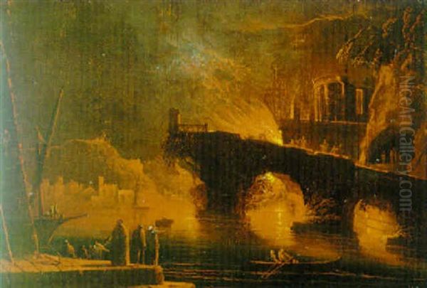 Mediterranean Harbour Scene With Ruins And A Fire In The Distance Oil Painting by Francesco Fidanza