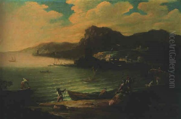 A Mediterranean Harbour With Stevedores And Soldiers On The Shore Oil Painting by Francesco Fidanza