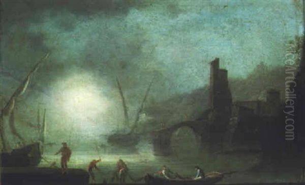 Moonlit Harbor Scene With Fishermen Oil Painting by Francesco Fidanza