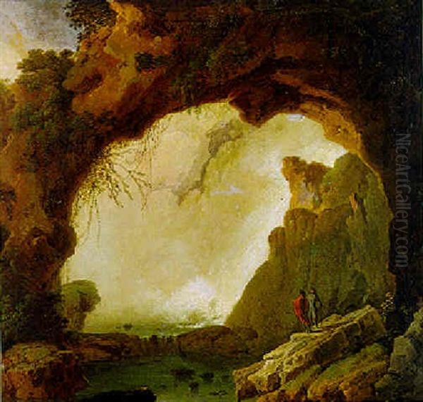 Two Figures Standing Under A Natural Arch Near A Waterfall Oil Painting by Francesco Fidanza