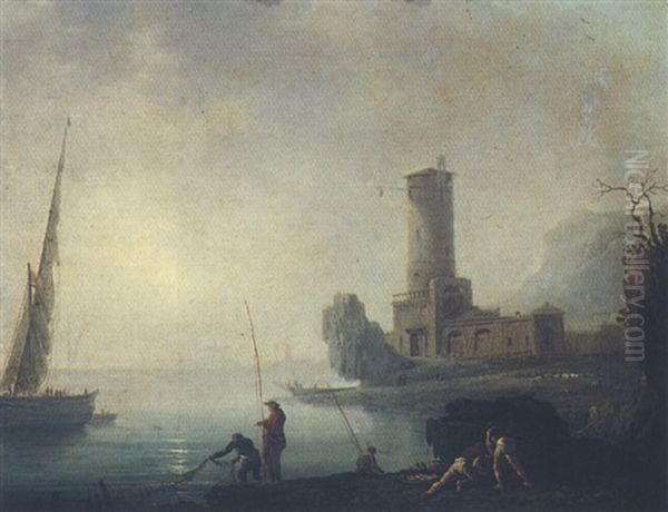 Mediterranean Capriccio Harbour Scene With Fishermen Oil Painting by Francesco Fidanza