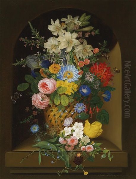 A Large Bouquet Of Flowers In A Basket With Butterflies Oil Painting by Anton Fidler