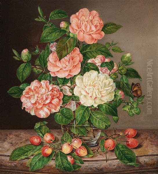 Rosenstuck In Vase Mit Kirschenzweigen Oil Painting by Anton Fidler