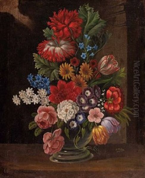 Blumenstraus Mit Tulpen, Rosen Und Anderen Gartenblumen Oil Painting by Anton Fidler