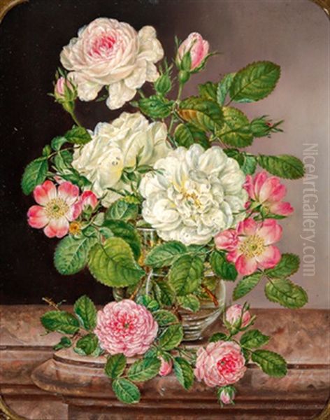 Stilleben Mit Rosen In Einer Glasvase Oil Painting by Anton Fidler