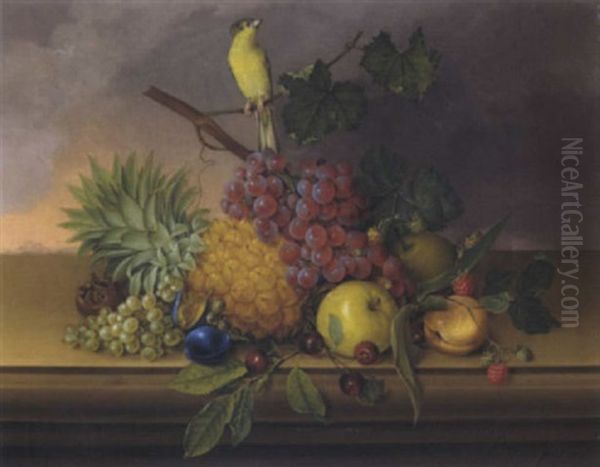 Fruchtesstilleben Mit Einem Kleinen Vogel Oil Painting by Anton Fidler