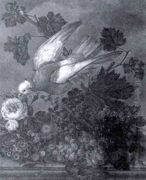 A Bird With Flowers And Fruit On A Ledge Oil Painting by Anton Fidler