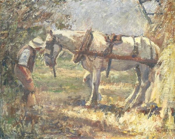 A Farmhand And Carthorse Beside A Hayrick Oil Painting by Harry Fidler