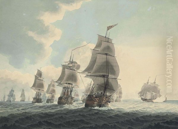 A Squadron Of The Royal Navy Running Down The Channel Oil Painting by Samuel Atkins