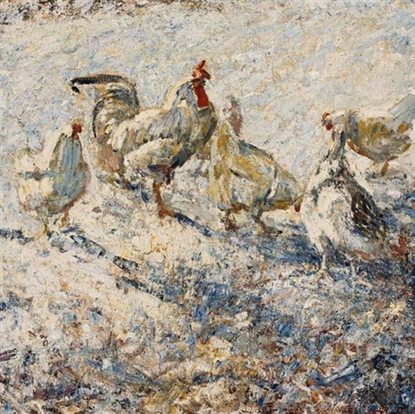 Rooster And Chickens Oil Painting by Harry Fidler