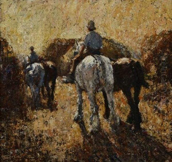 Riding And Leading Horses Oil Painting by Harry Fidler