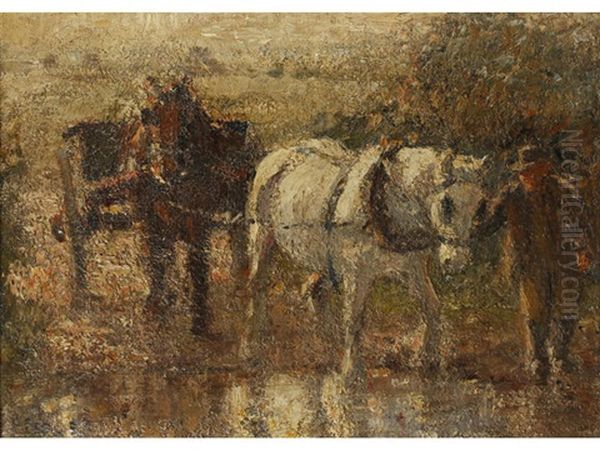 Farmer Leading Cart Horses, And Another Of A Cockling Cart Oil Painting by Harry Fidler