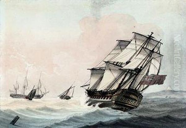 A Royal Navy Frigate Heeling In The Breeze Oil Painting by Samuel Atkins