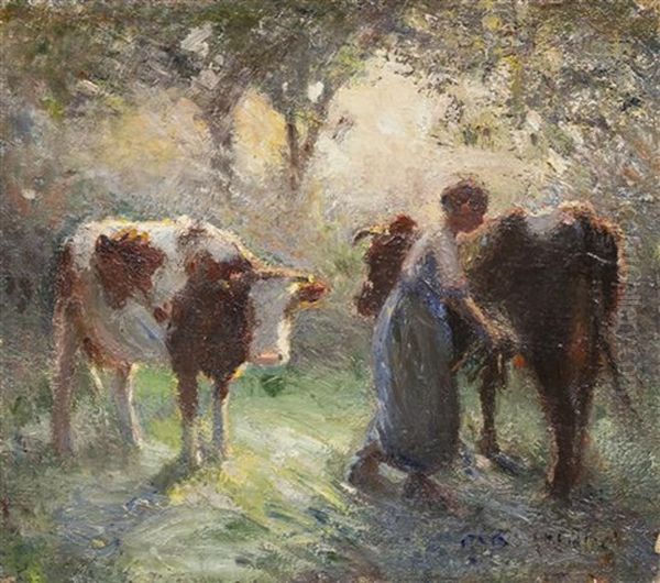 Milking The Cows Oil Painting by Harry Fidler