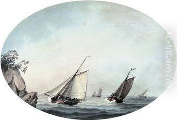 A Crowded Cutter And Other Shipping Off A Rocky Headland Oil Painting by Samuel Atkins