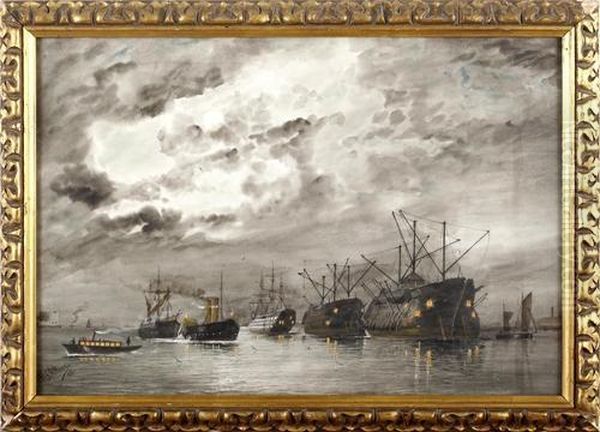 A Fleet Of Ships In Harbour Oil Painting by William Edward Atkins