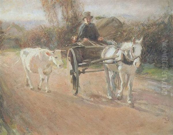 Horse And Trap With Driver Leading A Cow Along A Track Oil Painting by Harry Fidler