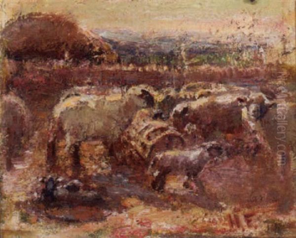 Sheep In A Pen Oil Painting by Harry Fidler