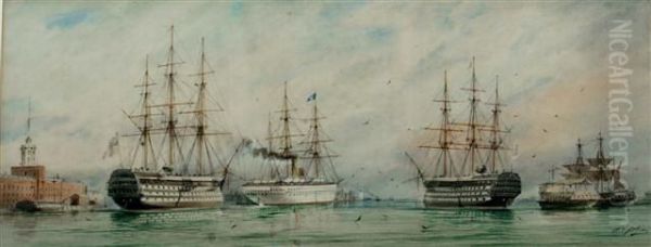 View At Portsmouth Showing H.m.s. Duke Of Wellington Oil Painting by William Edward Atkins