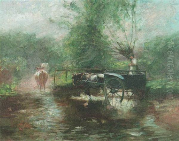 Crossing The Ford Oil Painting by Harry Fidler