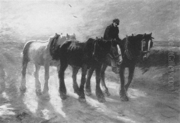 Plough Horses At Sunset Oil Painting by Harry Fidler