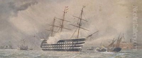 A Warship And Other Vessels In Portsmouth Harbour Oil Painting by William Edward Atkins