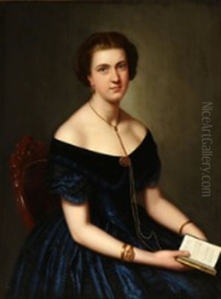 Portrait Of A Lady In A Dark Blue Silk Dress Oil Painting by Carl Rudolf Fiebig