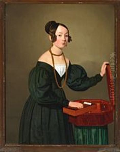 Portrait Of A Lady Standing By A Needlework Casket Oil Painting by Carl Rudolf Fiebig