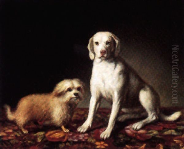 To Hunde Pa Blomstret Taeppe Oil Painting by Carl Rudolf Fiebig