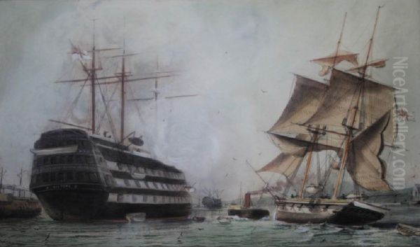 Hms Victory And Other Vessels At Portsmouth Oil Painting by William Edward Atkins