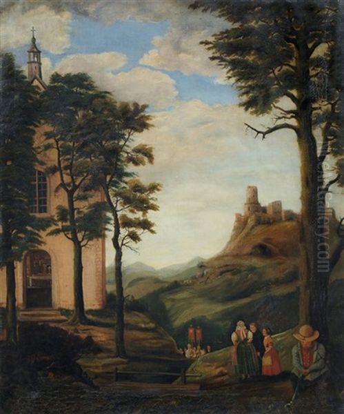 Prozessionszug Mit Burg Im Hintergrund / Bohmische Landschaft (2 Works) Oil Painting by Julius Fiebiger