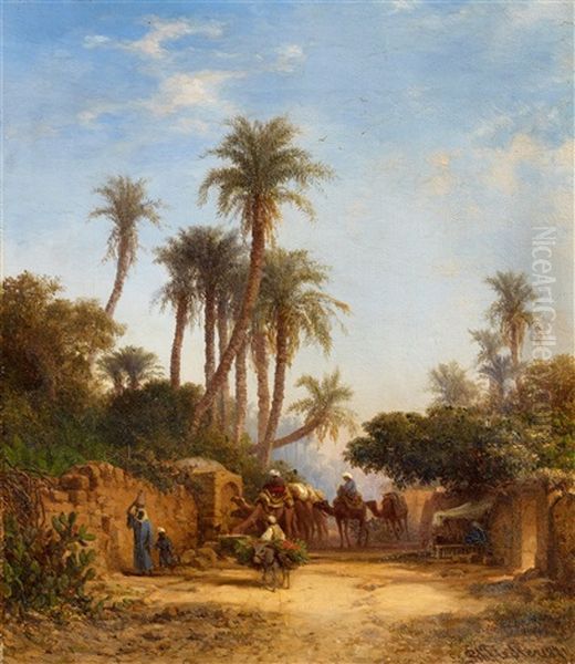 A Caravan By An Oasis Oil Painting by Bernhard H. Fiedler